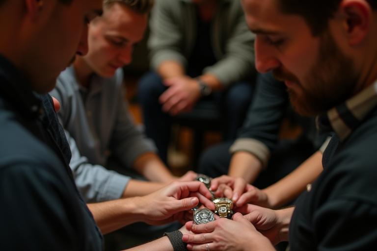 Diverse group of people looking at watches and talking at a meetup
